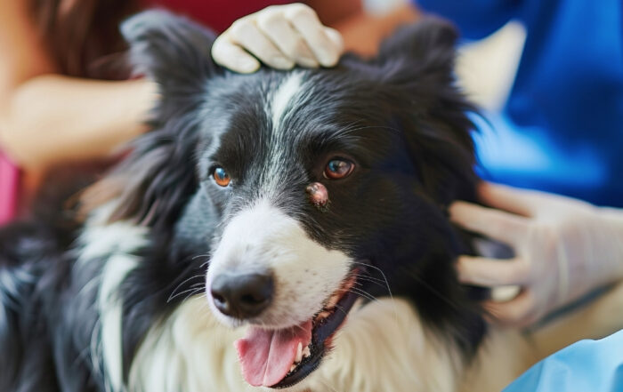 Veterinarian gently examining a lump on a border collie dog during urgent care visit.